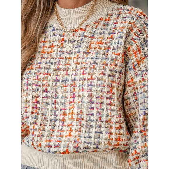 Women's Knit Sweater Color Block Drop Sleeve Round Neck Cozy Fall Sweater - Picture 6 of 7